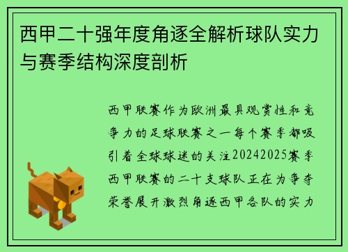 西甲二十强年度角逐全解析球队实力与赛季结构深度剖析