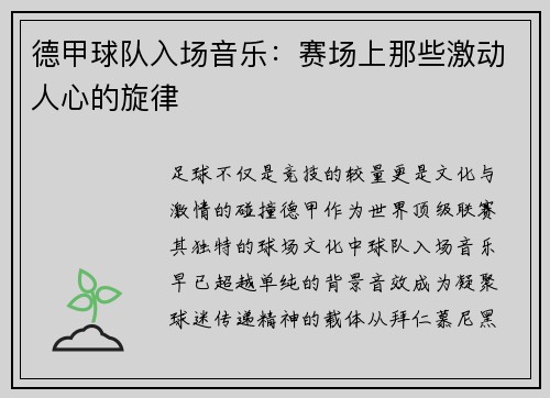 德甲球队入场音乐：赛场上那些激动人心的旋律