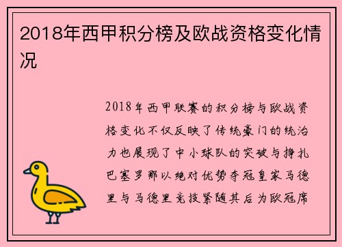 2018年西甲积分榜及欧战资格变化情况