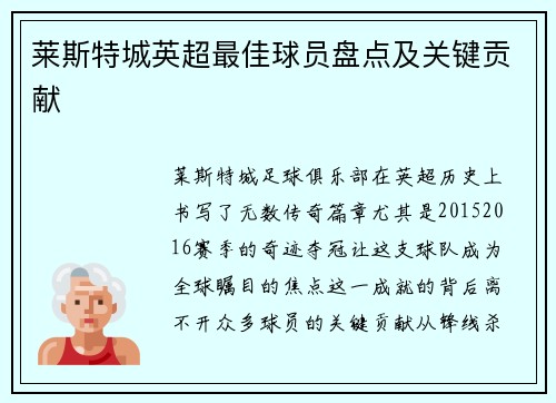 莱斯特城英超最佳球员盘点及关键贡献